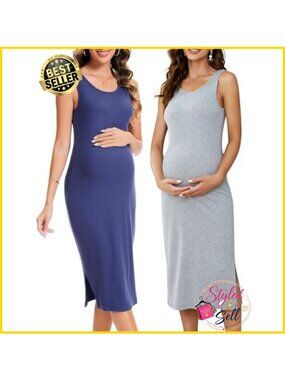 Women Maternity Tank Dress Ribbed Bodycon 2-Pack Sleeveless Midi